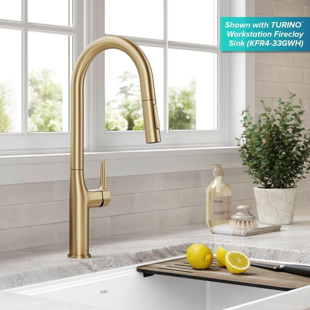 Oletto Tall Modern Pull-Down Single Handle Kitchen Faucet in Brushed Gold, KPF-3101BG