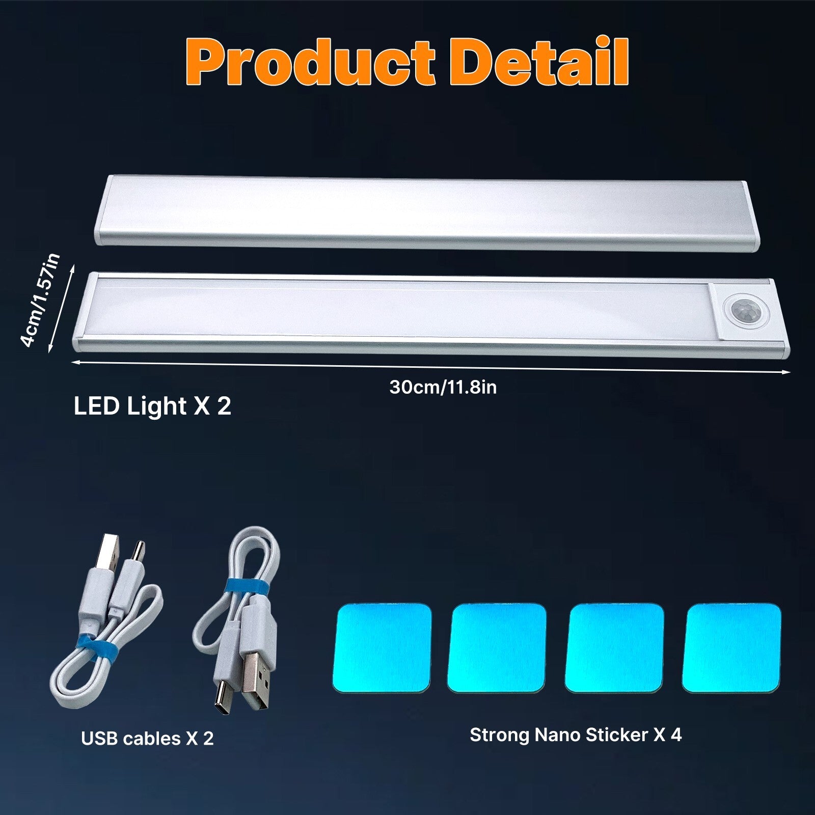 2 Pack-Under Cabinet Lights LED Motion Sensor Light USB Rechargeable Strip Lamp