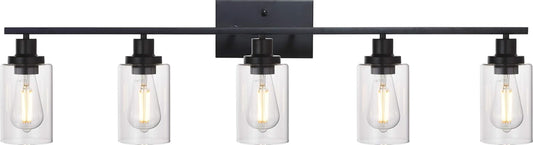 40 Inches Length 5-Light Bathroom Vanity Light Fixtures Black Industrial Wall Sconce Lighting with Clear Glass Shade for Living Room Bedroom Hallway Kitchen (Patent No.: US D963914 S)