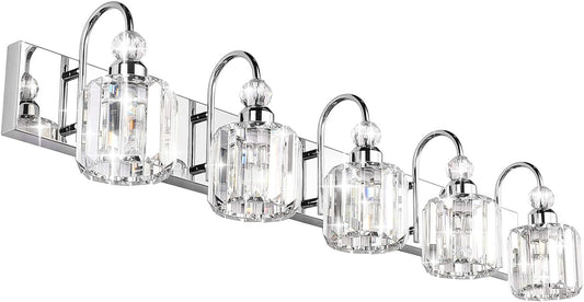 Modern LED Crystal Bathroom Vanity Lights 5-Lights Stainless Steel Crystal Vanity Lights over Mirror Modern Crystal Bathroom Vanity Lighting Fixtures
