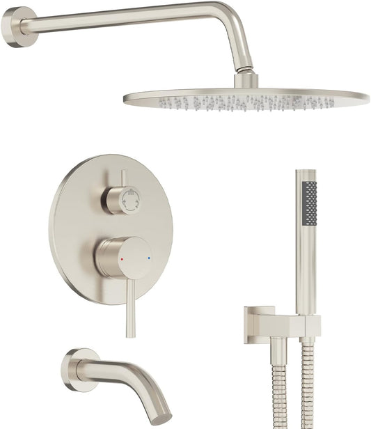 Bathtub Shower Faucet Set, Tub Shower System with 3-Way Shower Valve, High Pressure 10" Rain Shower Head with Handheld Spray Combo, Wall Mounted Rainfall Shower Head Set, Brushed Nickel
