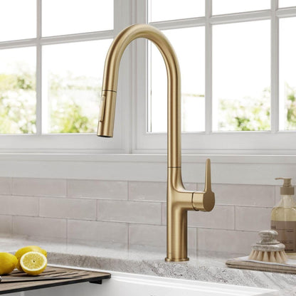 Oletto Tall Modern Pull-Down Single Handle Kitchen Faucet in Brushed Gold, KPF-3101BG