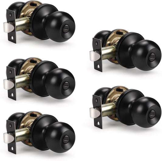 5 Pack Modern Door Knob Privacy Door Knob Bedroom Door Knobs with Lock, Matte Black Bathroom Door Knob, Interior Door Use