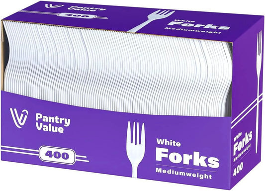 White Plastic Forks Lightweight Disposable Silverware, 400-Pack