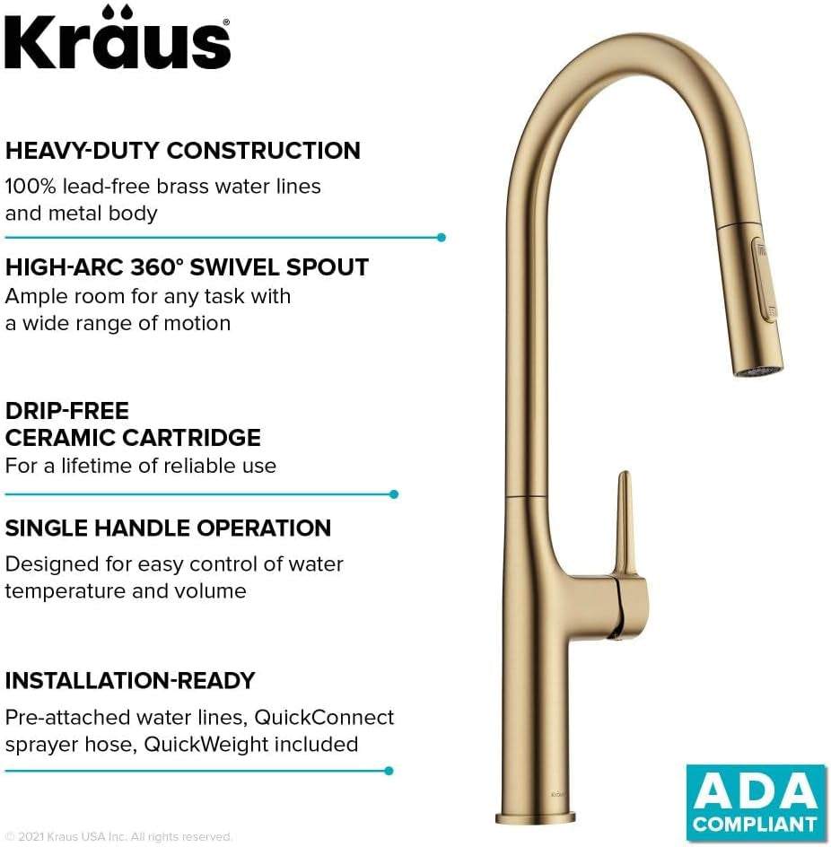 Oletto Tall Modern Pull-Down Single Handle Kitchen Faucet in Brushed Gold, KPF-3101BG