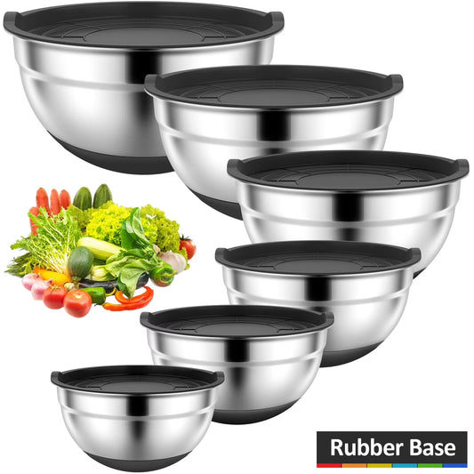 Mixing Bowls with Lids: Stainless Steel Mixing Bowls Set - 6 Piece Metal Nesting Mixing Bowls with Rubber Bottom-Black