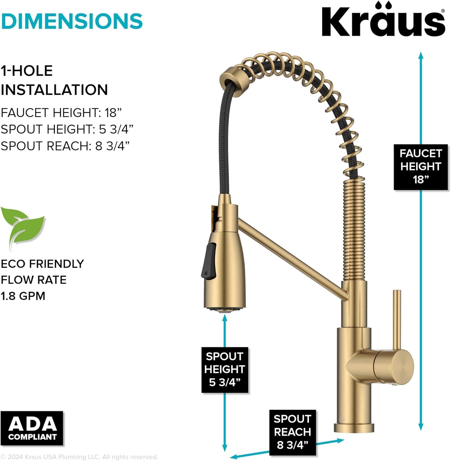 Coda Commercial Style 2-Function Single Handle Pull down Kitchen Faucet in Spot-Free Brushed Brass, KPF-1617BB