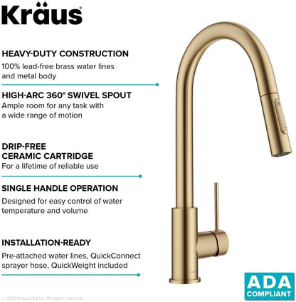 Oletto Contemporary Pull-Down Single Handle Kitchen Faucet in Brushed Gold, KPF-3104 BG