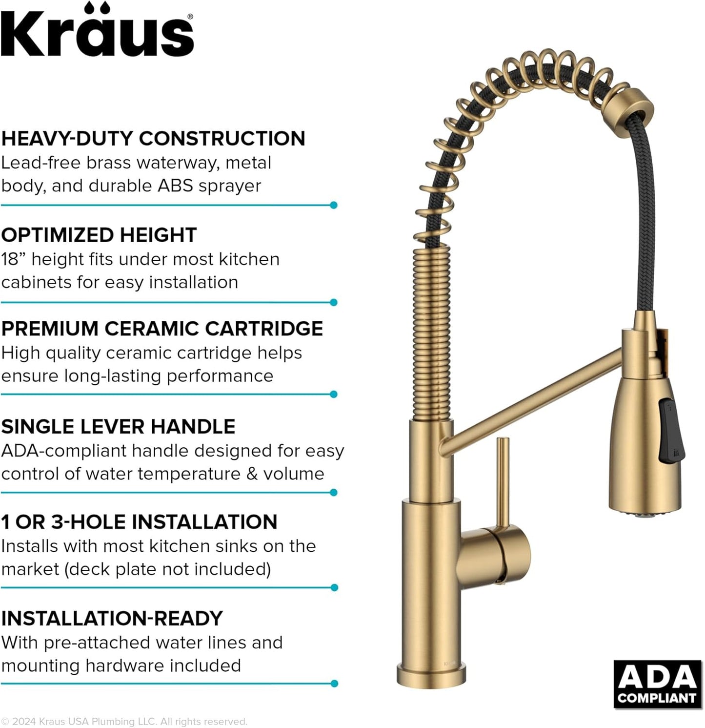 Coda Commercial Style 2-Function Single Handle Pull down Kitchen Faucet in Spot-Free Brushed Brass, KPF-1617BB