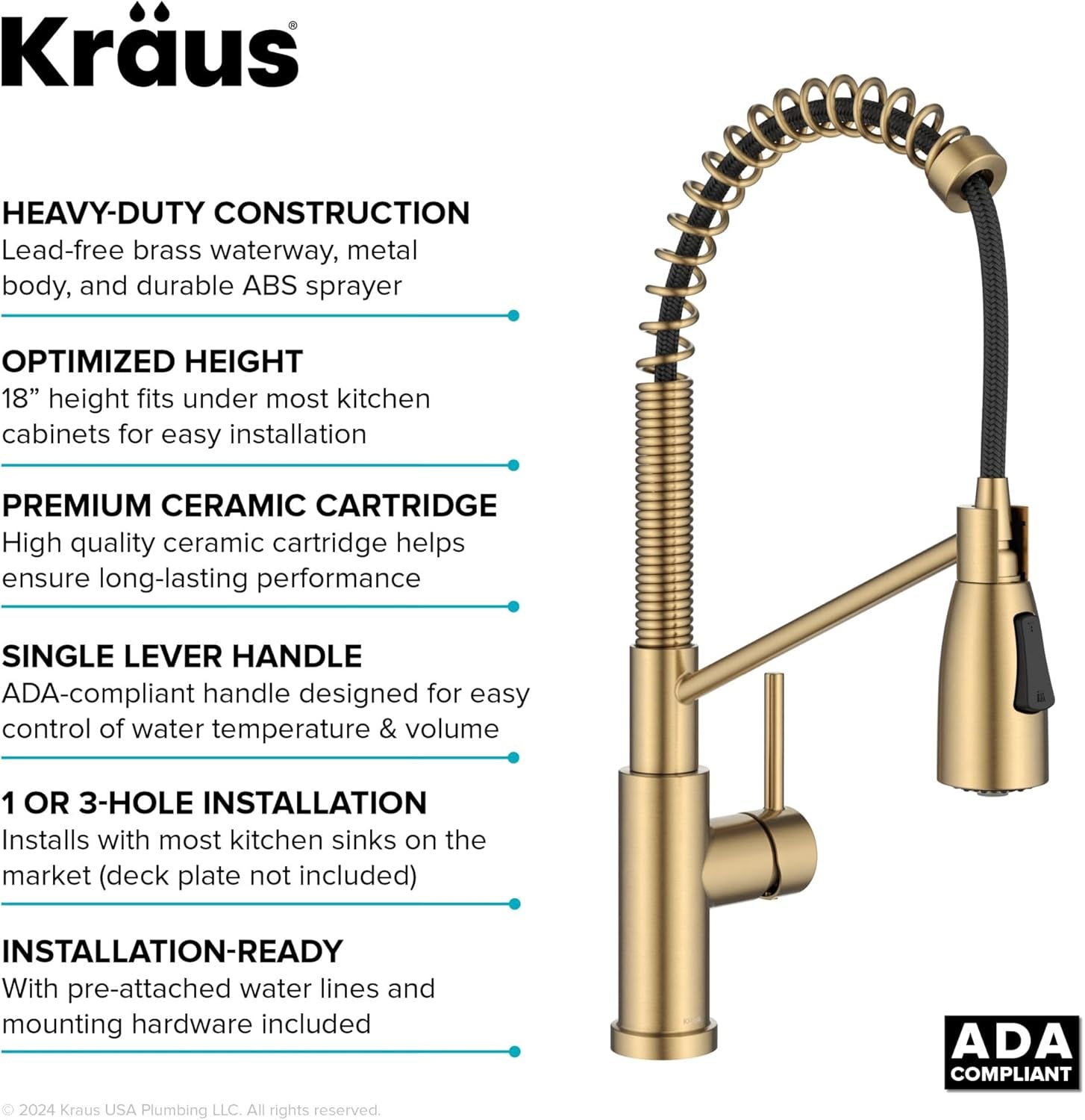 Coda Commercial Style 2-Function Single Handle Pull down Kitchen Faucet in Spot-Free Brushed Brass, KPF-1617BB