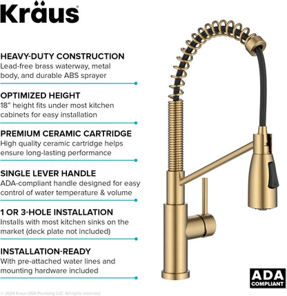 Coda Commercial Style 2-Function Single Handle Pull down Kitchen Faucet in Spot-Free Brushed Brass, KPF-1617BB